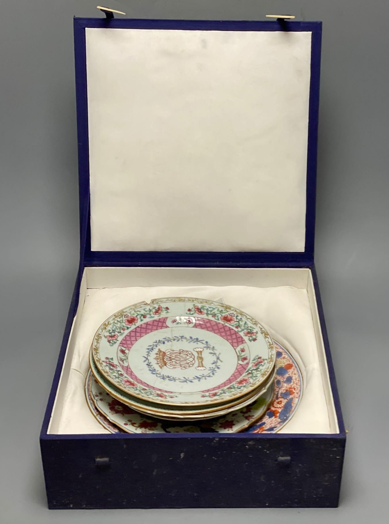 Three Chinese pseudo tobacco leaf plates and other 18th century Chinese export plates